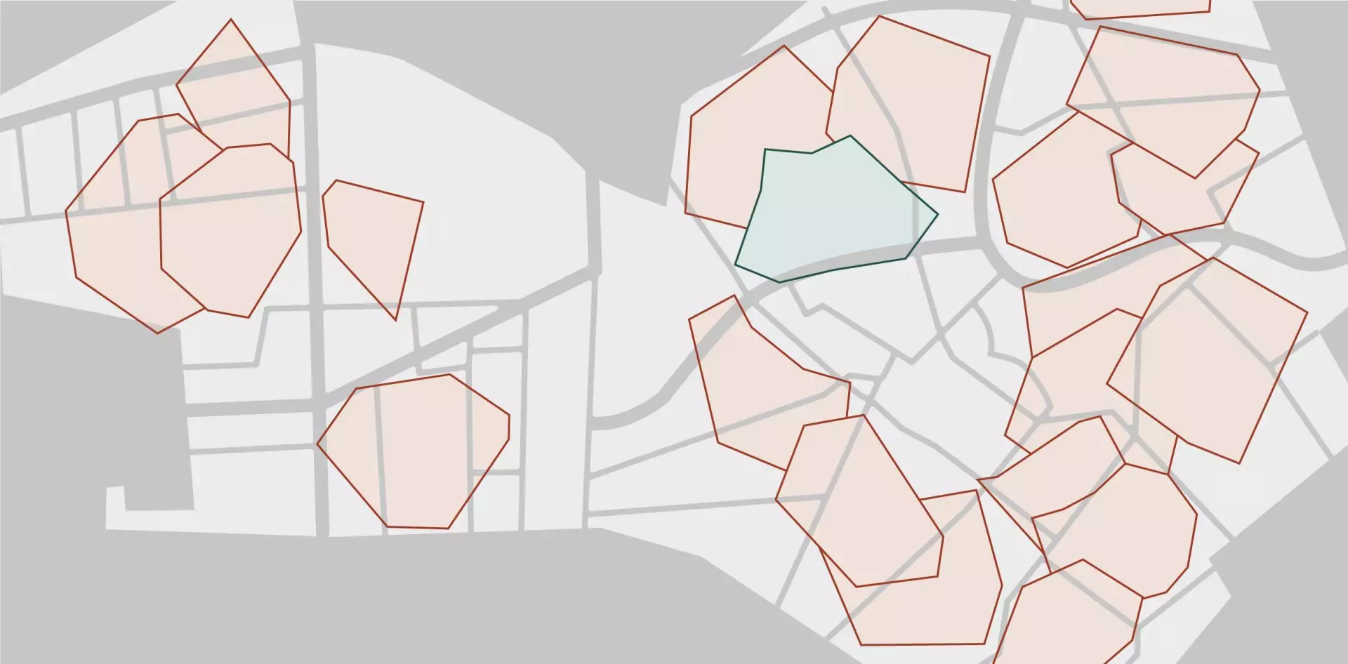 Grafik einer Stadtkarte mit rot und grün markierten Flächen